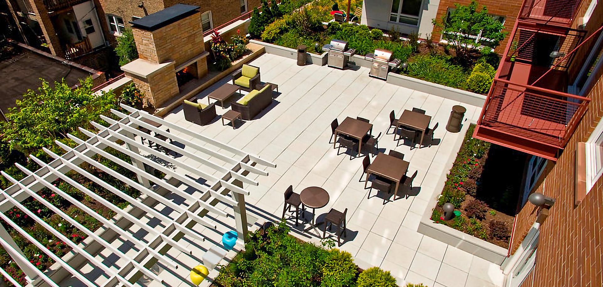 Looking down on the green roof and terrace of the Morgan At Loyola Station