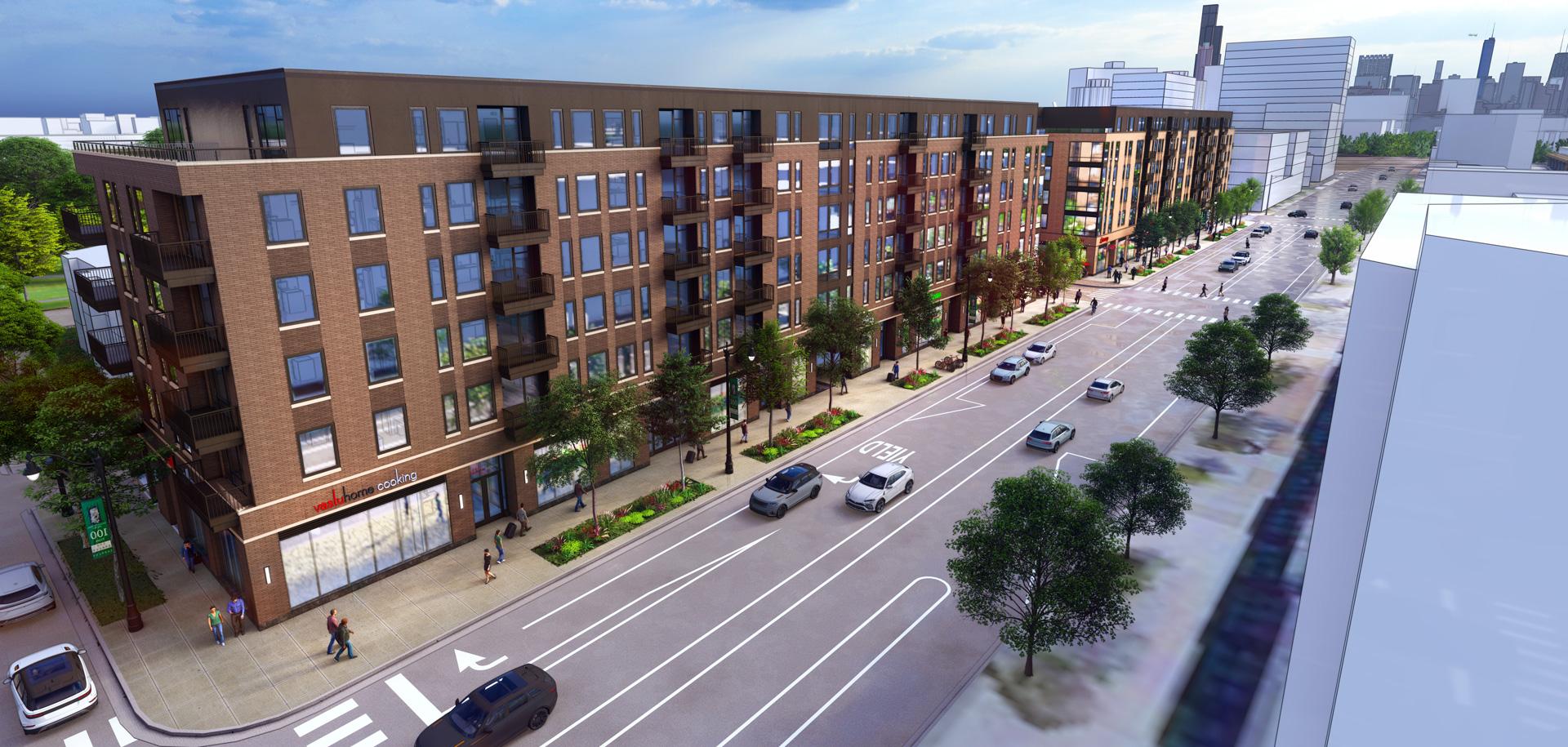 rendering of Southbridge development facing downtown Chicago