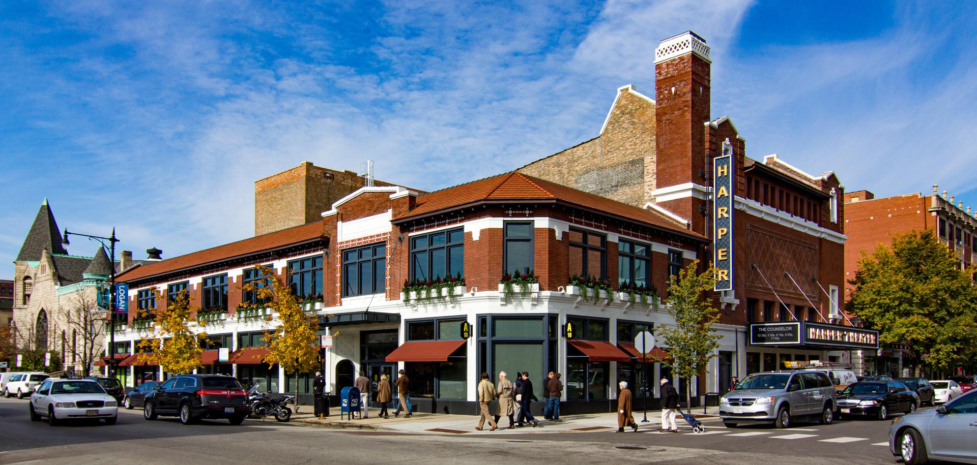 View of Harper Theatre, A10 and Five Guys Burger And Fries at 53rd and Harper Ave in Hyde Park, Chicago