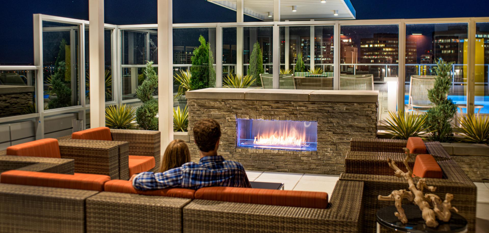 Rooftop fireplace at Verde Pointe Luxury Apartments